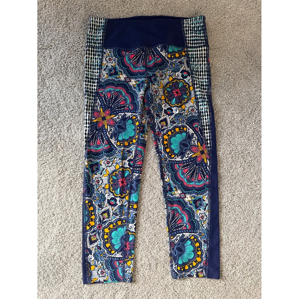 Body Glove Womens High Rise Cropped Leggings Navy Floral Mandala Print Small‎